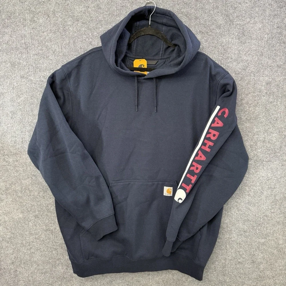 NWT Carhartt Mens XL Loose Fit Midweight Logo Sleeve Hoodie Navy - Picture 1 of 6